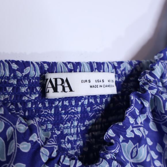 ZARA Printed Puff Sleeve Peasant Mini Dress Blue Tassel Tie Smocked Women's S - Picture 8 of 10